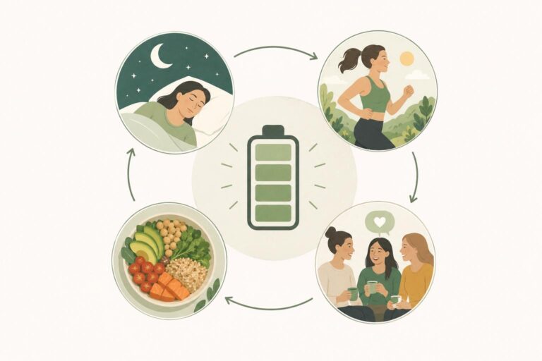 Illustration des quatre piliers pour recharger ses batteries : sommeil, mouvement, alimentation et relations sociales.